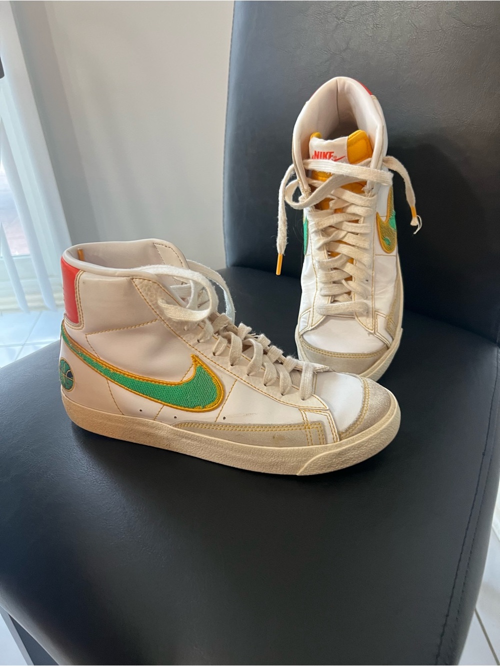Nike Women’s High-Top Sneakers in White with Green and Yellow Accents RAYGUN